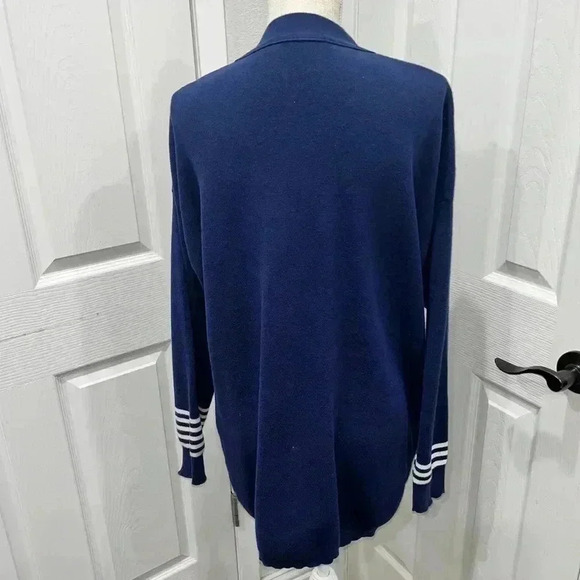 Joan Vass USA navy blue with white stripes nautical beachy cardigan button front - Picture 2 of 9